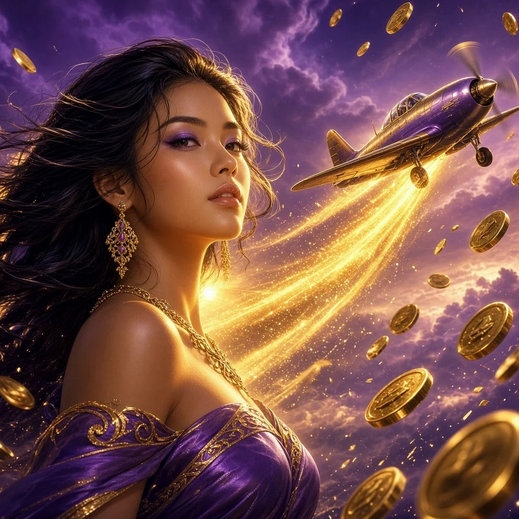 Máy bay cất cánh giữa xu vàng và vệt sáng bên người mẫu trưởng thành – game crash
